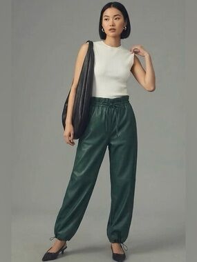 Pilcro for Anthropologie Dark Green Faux Leather Soft Parachute Pants, LP!
